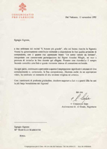 La lettera inviato a Marcello Marrocchi da Cardinale Crescenzio Sepe